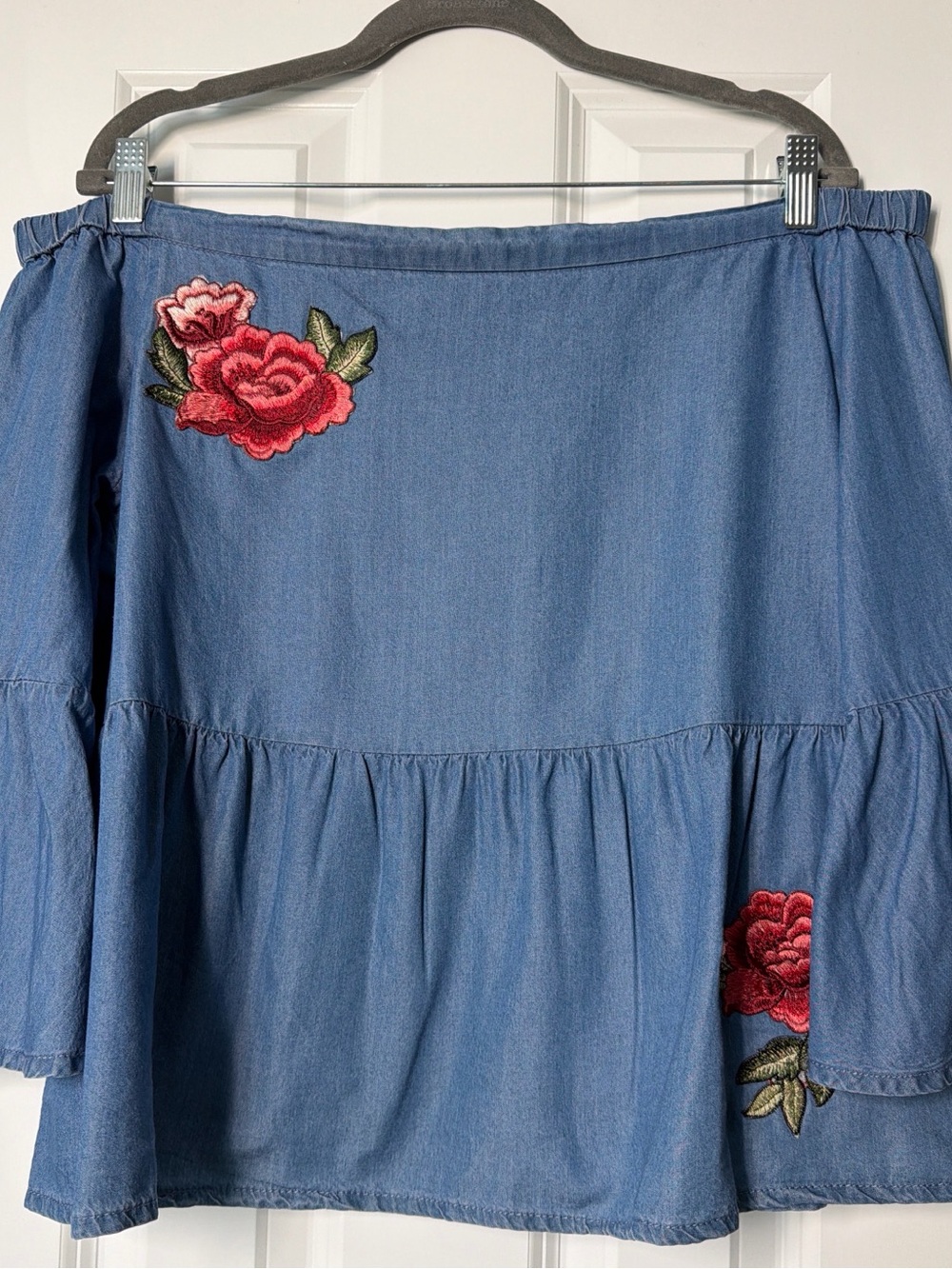 a.n.a Blue Off-Shoulder Peasant Top with Red Rose Embroidery
